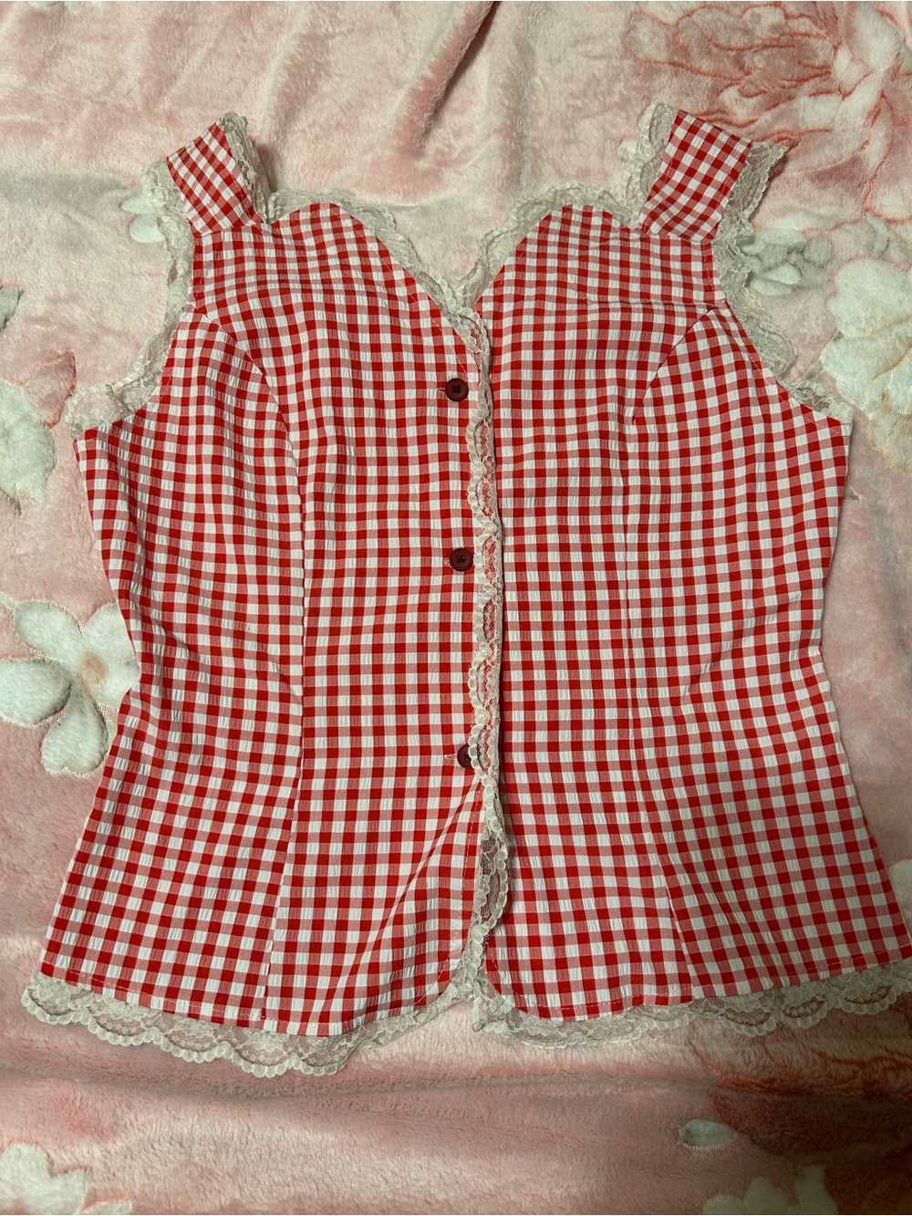 Red Gingham Lace-Trim Sleeveless Top